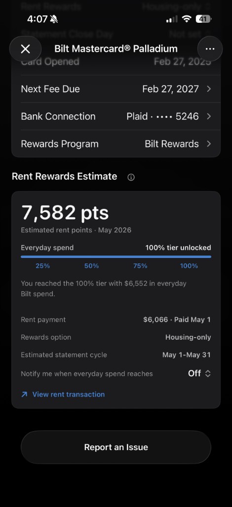 Bilt card details — Rent Rewards Estimate with everyday spend tier progress