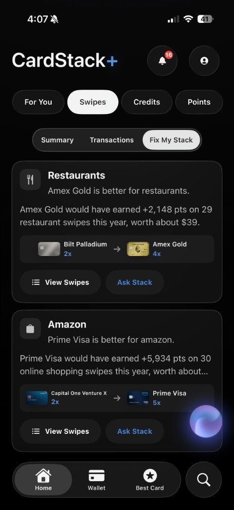 Fix My Stack — card recommendations by category, like restaurants and Amazon