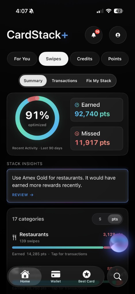 Swipes Summary — optimization score, earned vs. missed, and Stack Insights