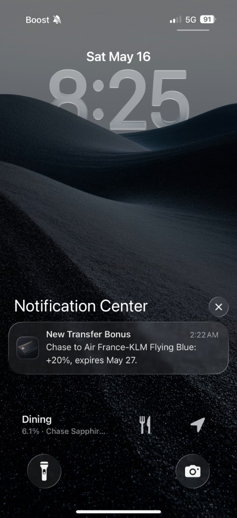Push notification — new Chase to Flying Blue transfer bonus