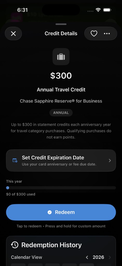 CardStack credit details with card anniversary expiration date.