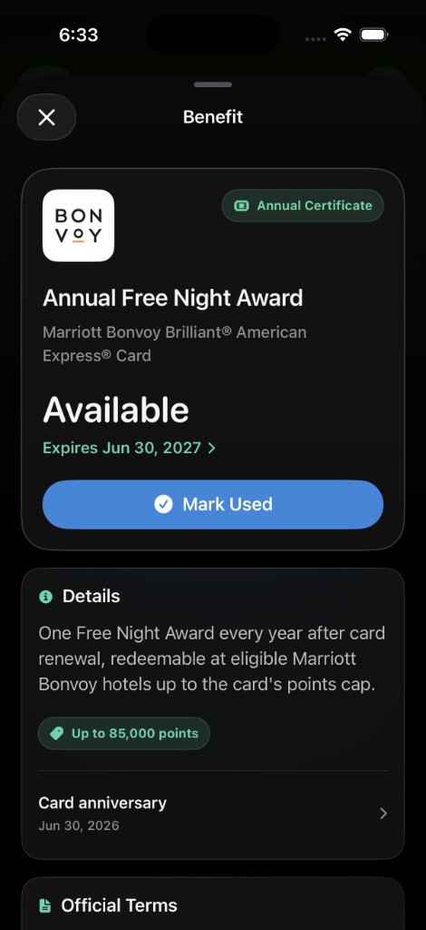 CardStack benefit screen for an Annual Free Night Award with expiration date.