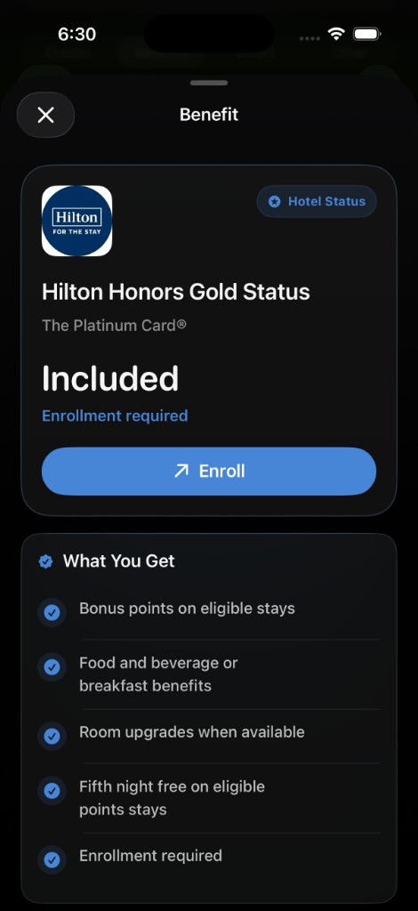 CardStack benefit screen showing Hilton Honors Gold Status.
