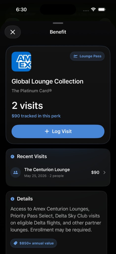 CardStack benefit screen tracking Global Lounge Collection visits.