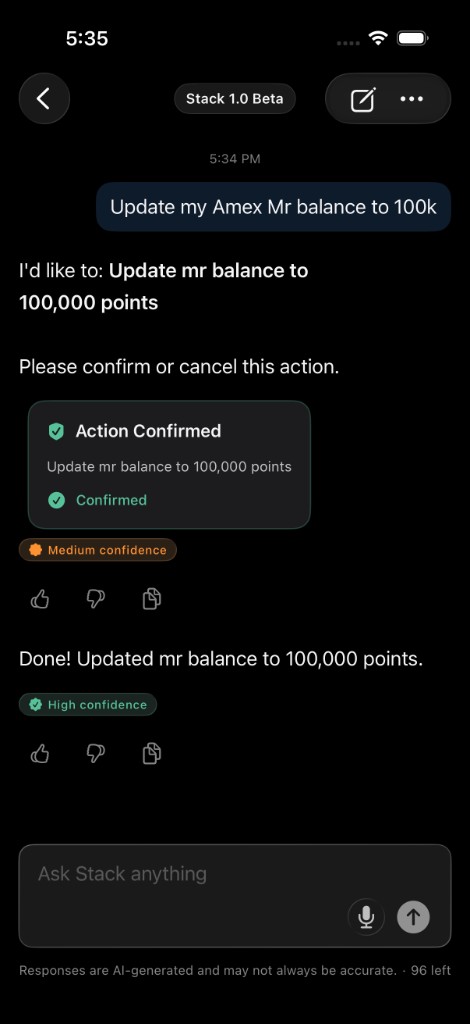 Stack 1.0 Beta chat: user asks to update Amex Membership Rewards balance; Stack confirms the action, shows confirmation, then completes the update with confidence indicators.