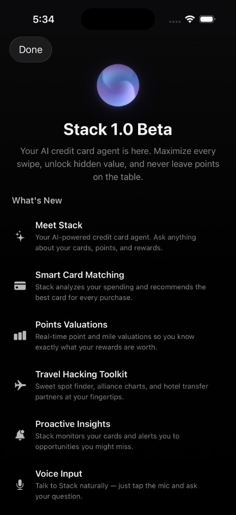 Stack 1.0 Beta in CardStack: What's New, including Meet Stack, smart card matching, points valuations, travel hacking toolkit, proactive insights, and voice input.