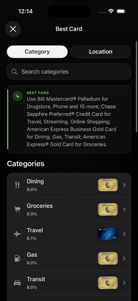 Best Card by category — dining, groceries, travel, gas