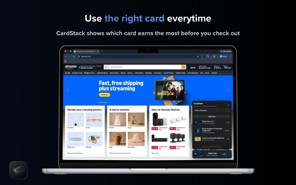 CardStack extension showing best card on Amazon checkout