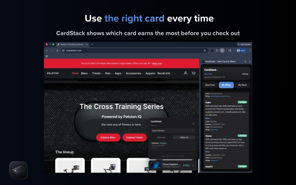 CardStack extension best-card hint on Peloton site