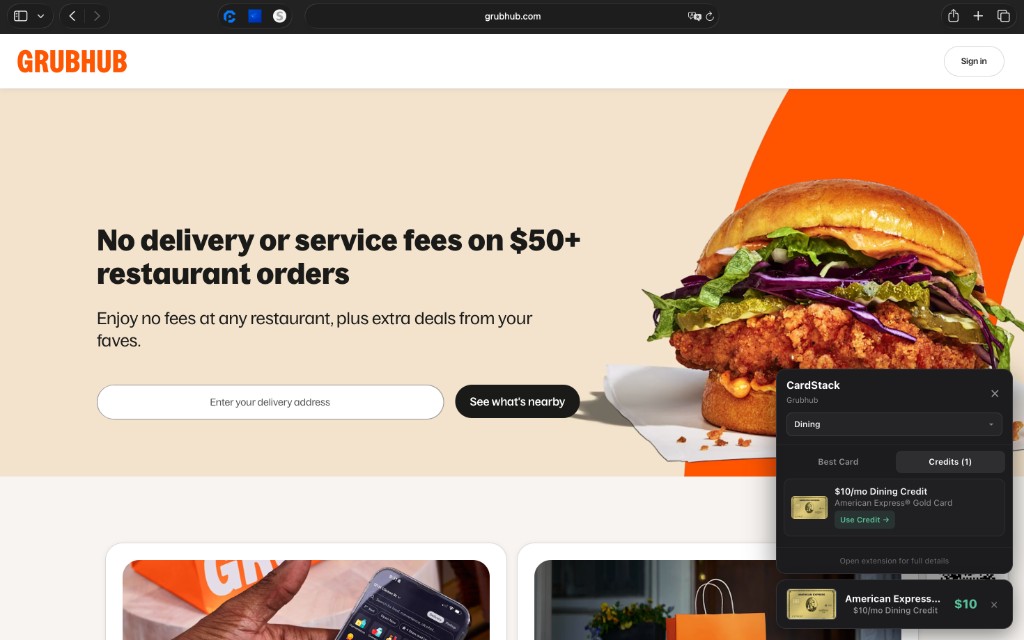 CardStack browser extension on Grubhub showing the American Express Gold dining credit and best card for the site