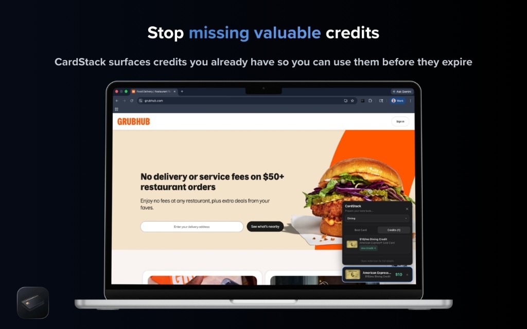 CardStack extension on Grubhub with dining credit reminder