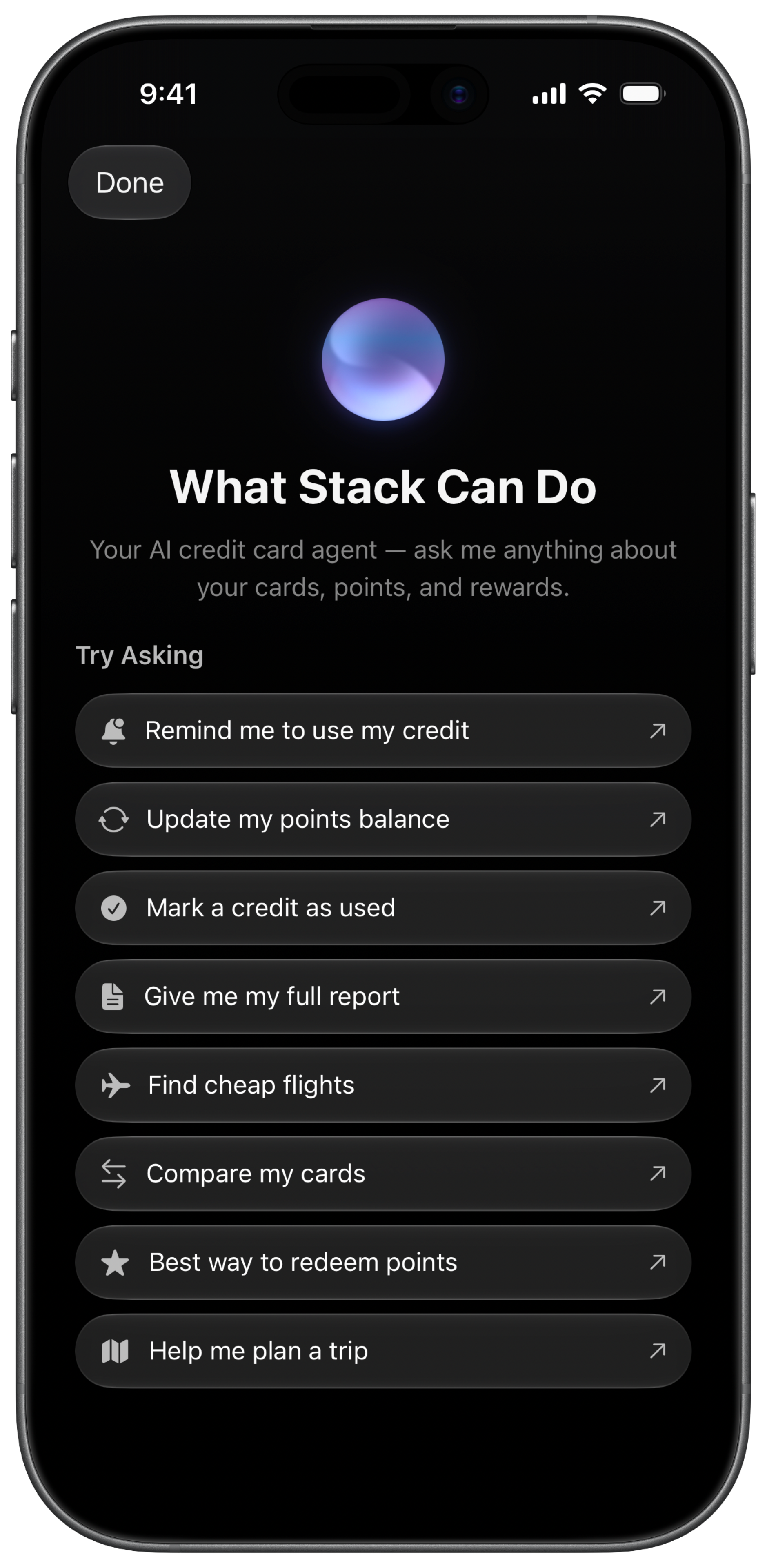 Stack — AI assistant showing what you can ask about cards, points, and credits