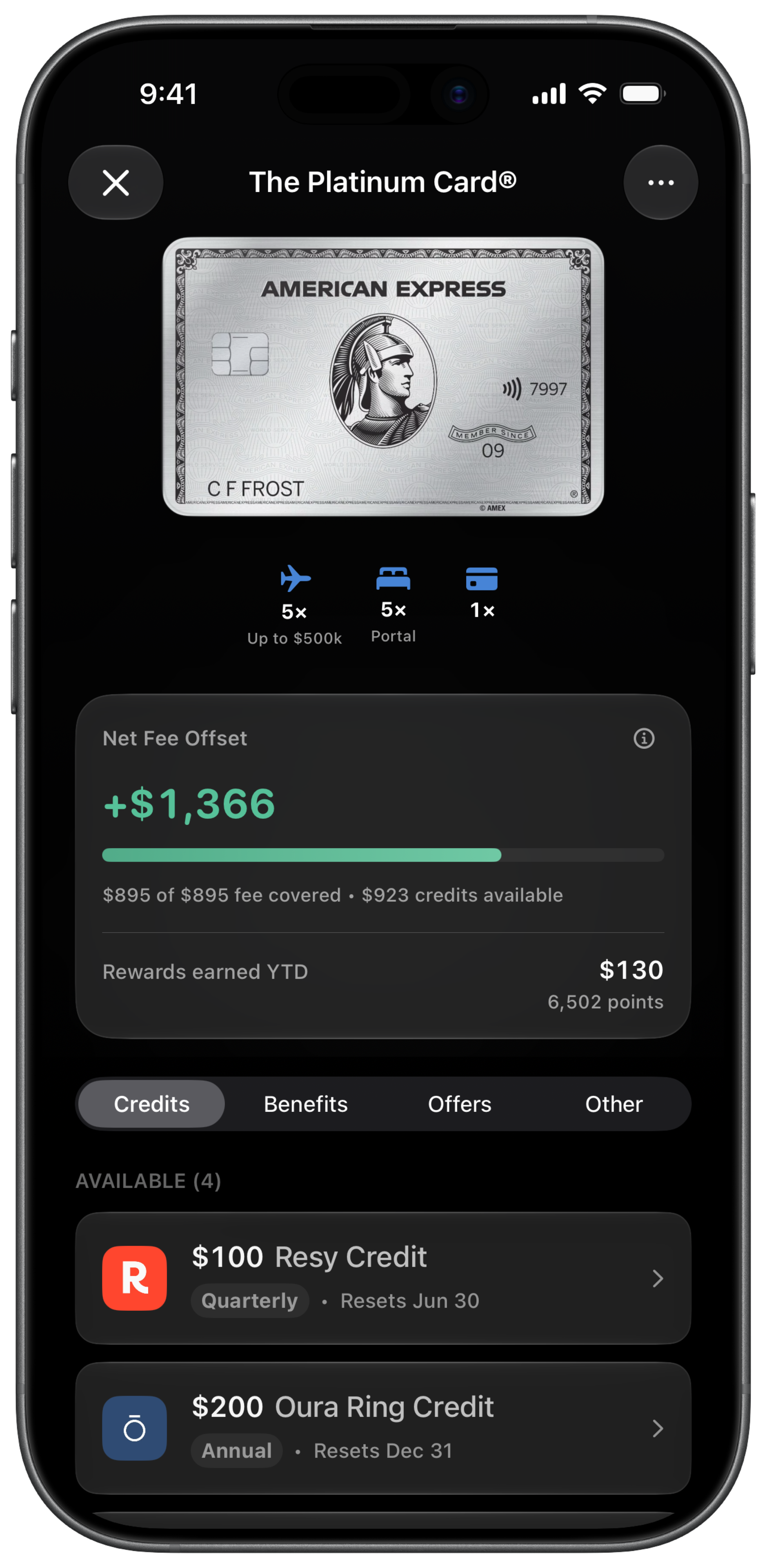 Amex Platinum card detail with statement credits