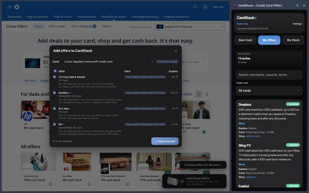 CardStack browser extension batch-enrolling Chase Offers on chase.com
