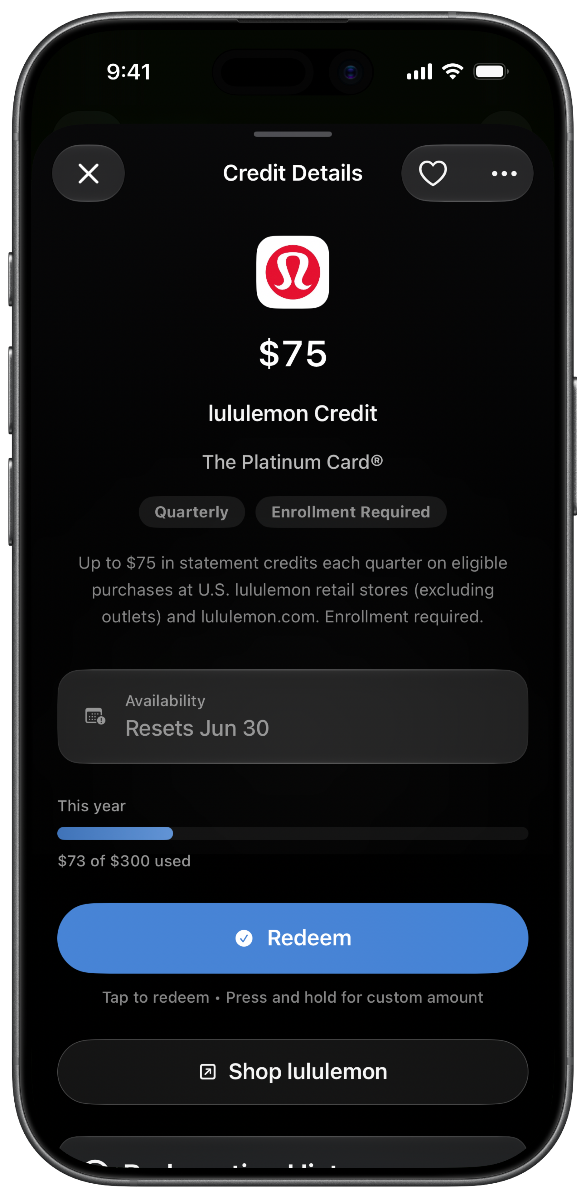 CardStack credit detail showing a statement credit marked as used