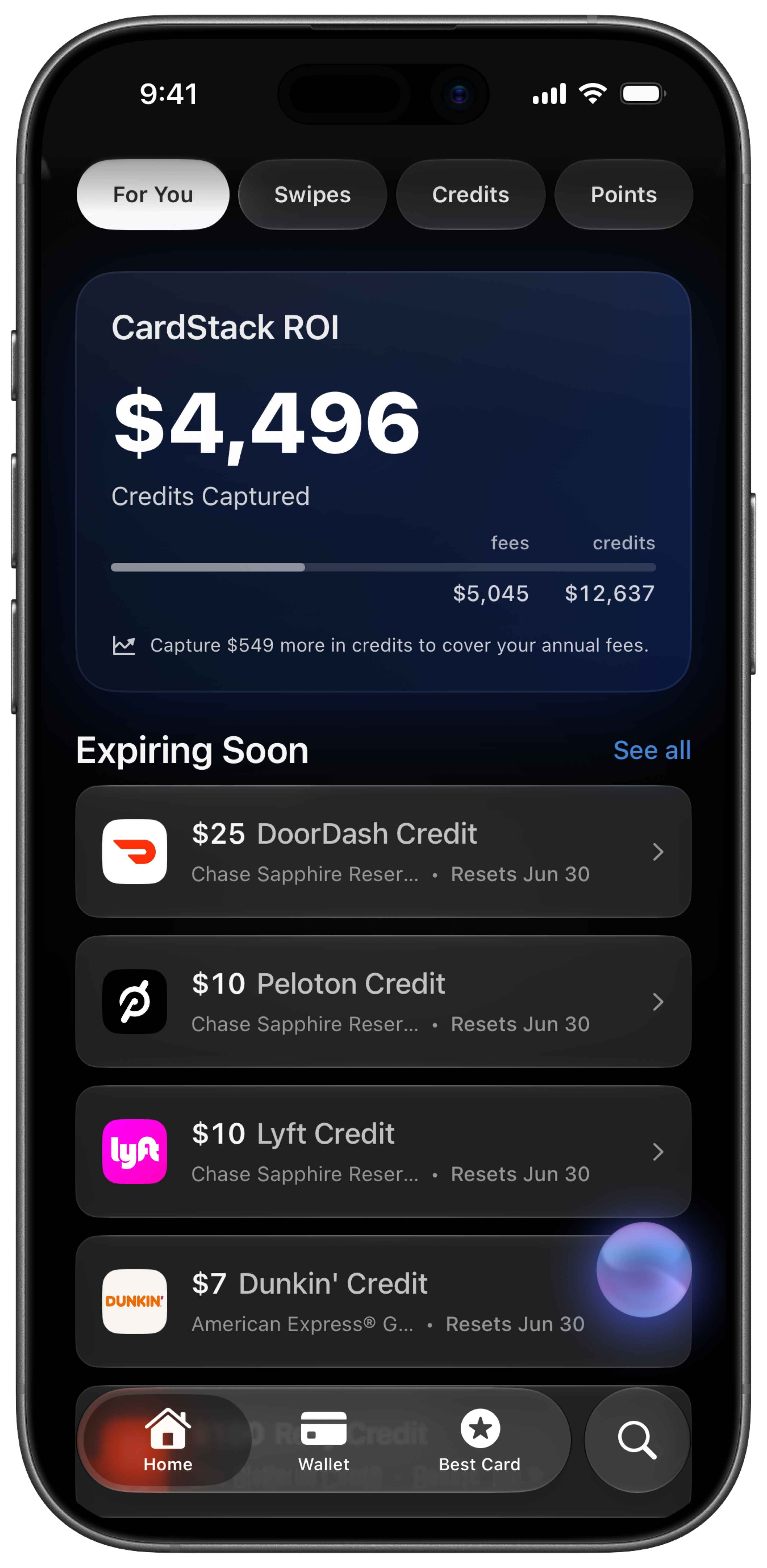 CardStack home screen showing CardStack ROI with credits redeemed versus annual fees