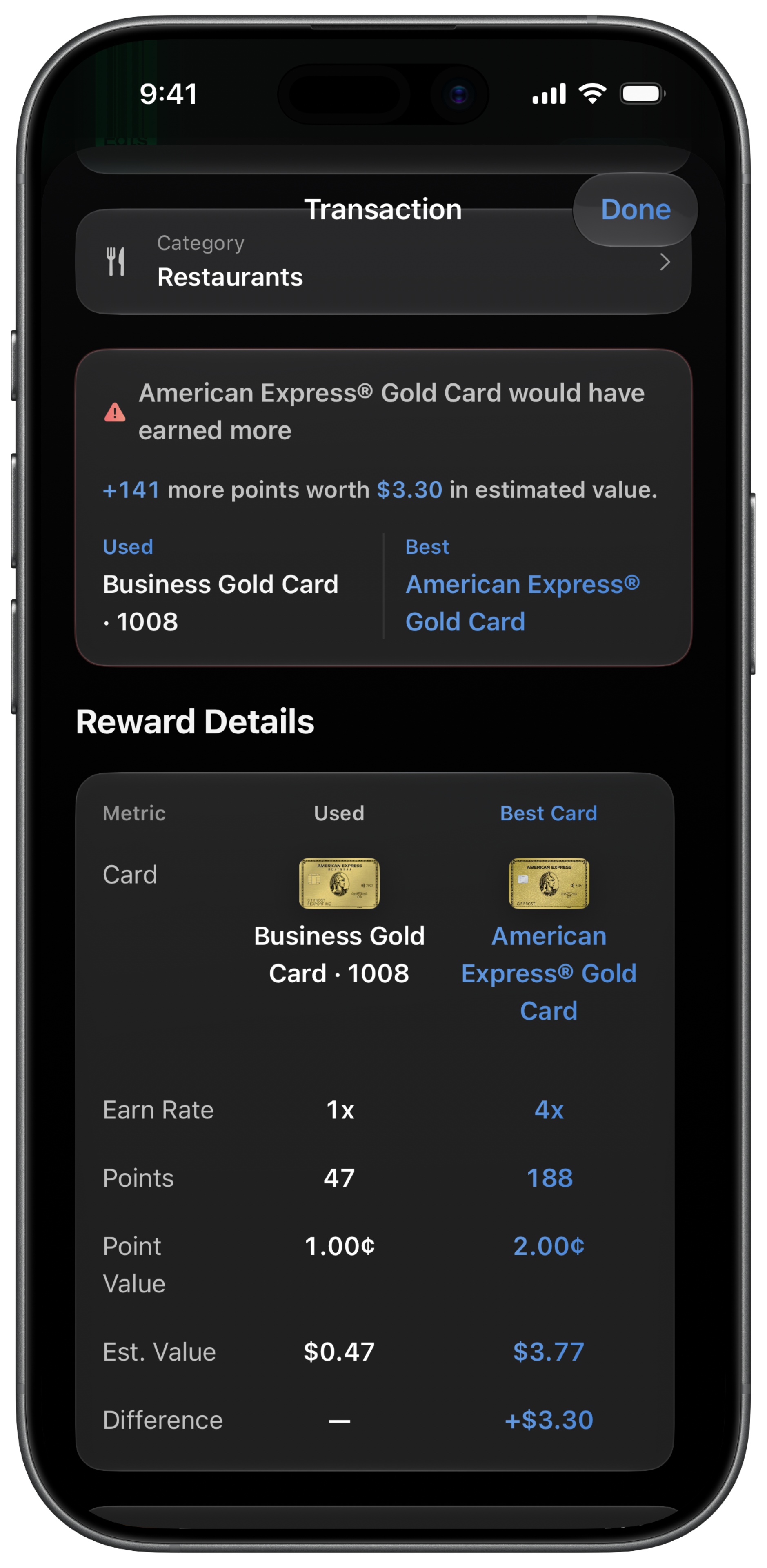 CardStack transaction detail comparing rewards earned versus the best card