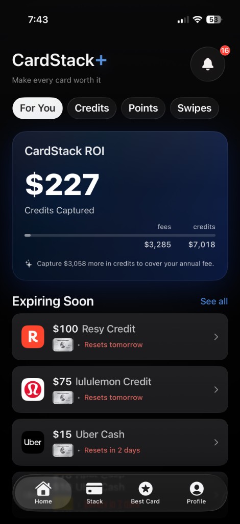 CardStack Home — For You, credits, and what matters now