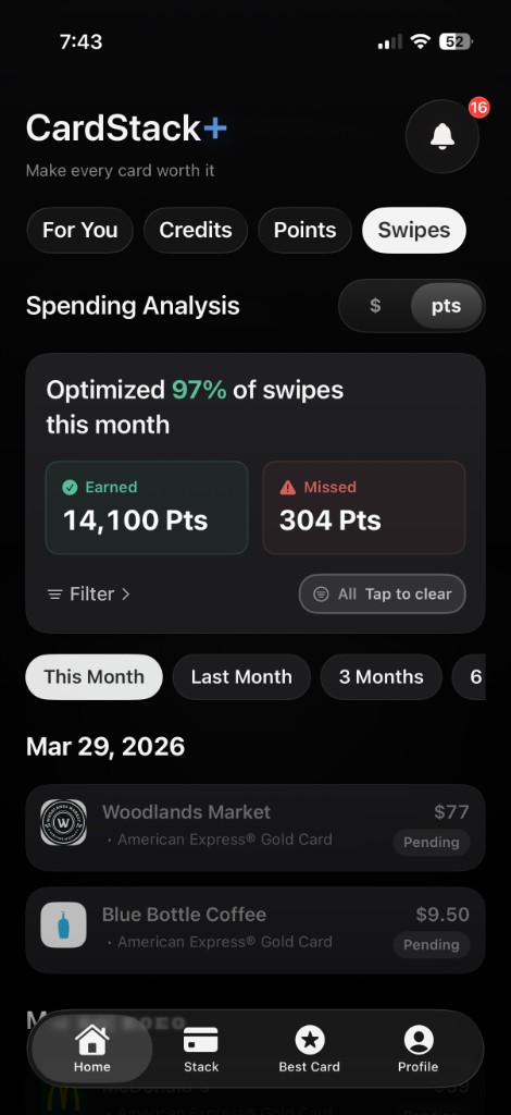 CardStack Swipes — spending analysis, earned vs missed points