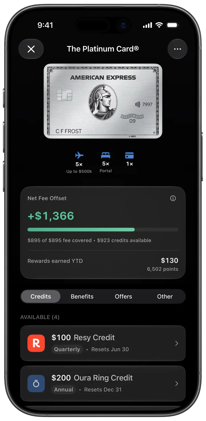 Amex Platinum card detail with statement credits
