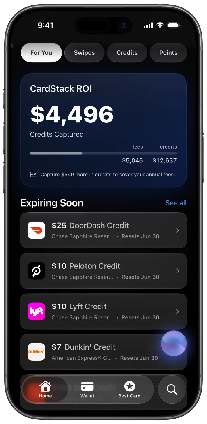 CardStack home screen showing CardStack ROI with credits redeemed versus annual fees