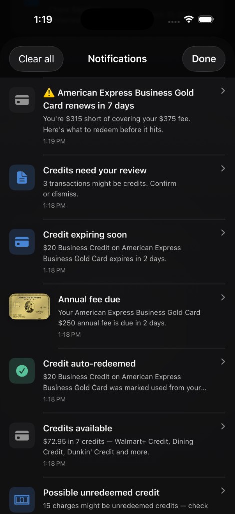 Notification Center — expiring credits, annual fee, review needed
