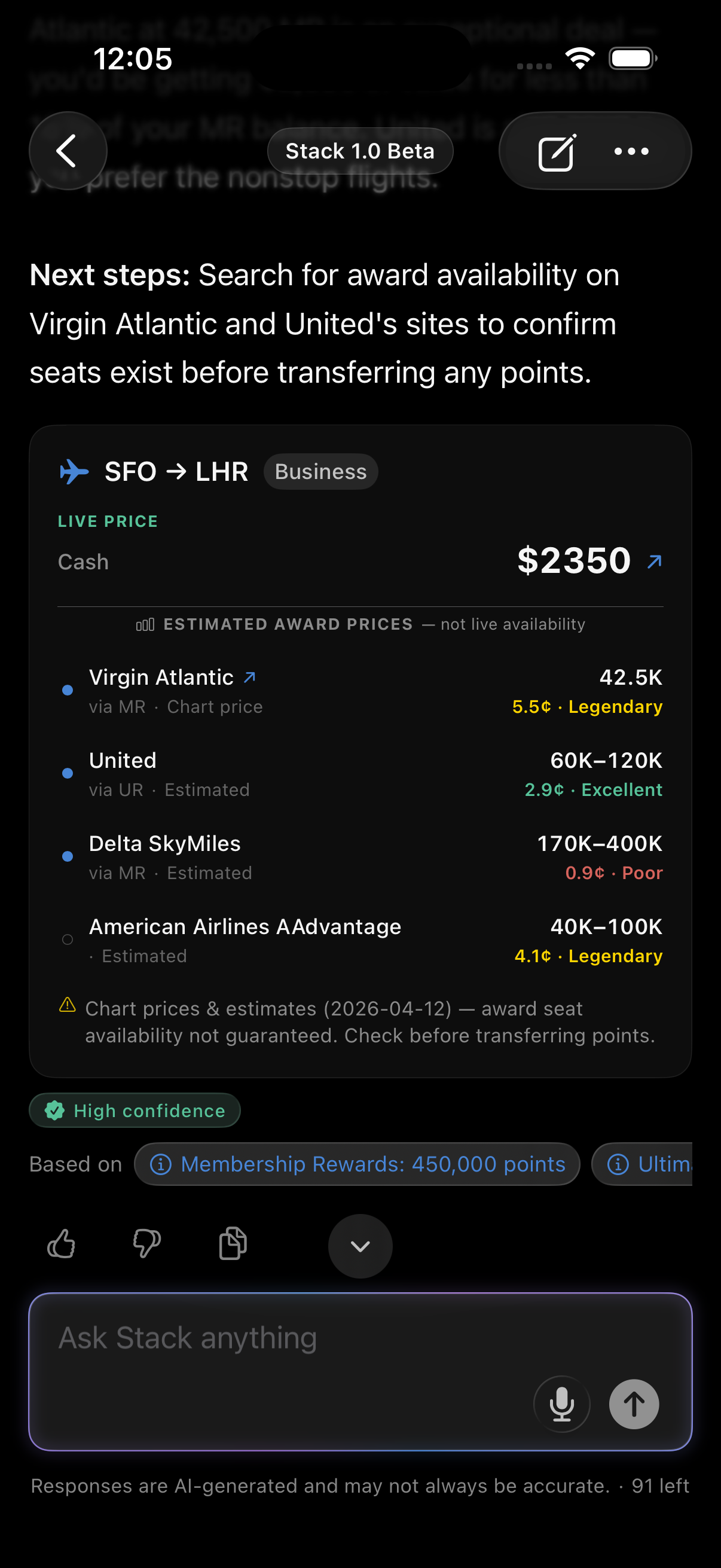 Stack chat showing an SFO to LHR business-class award redemption breakdown