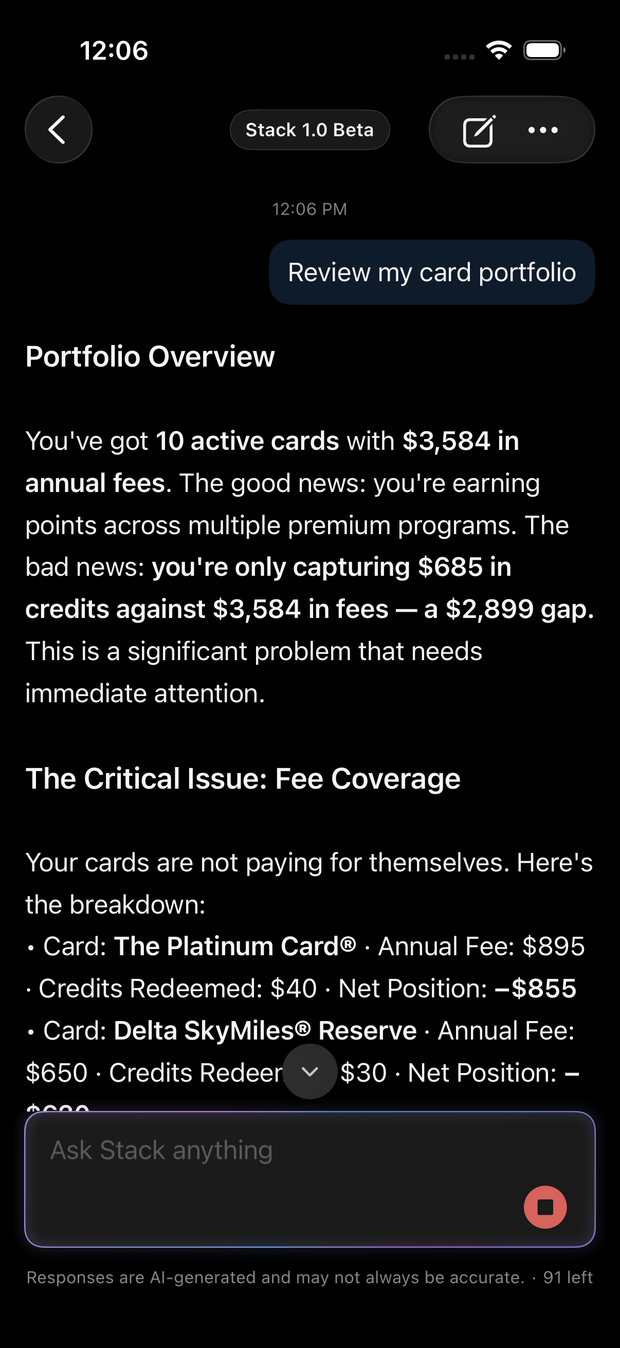Stack chat showing a full credit card portfolio report — fee coverage and action items