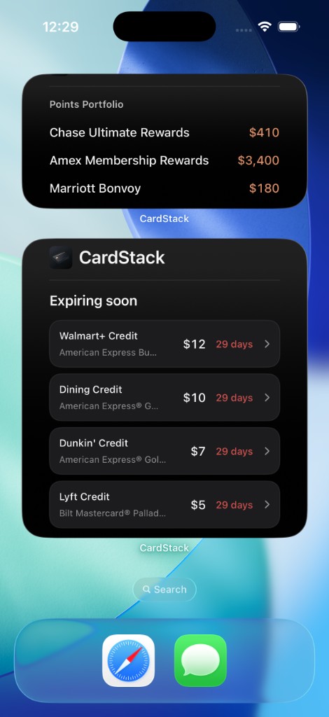 Home screen widget — Points portfolio and expiring credits