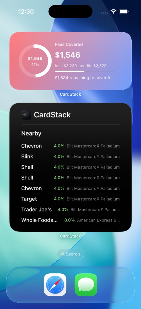 Home screen widget — Fees Covered and Nearby